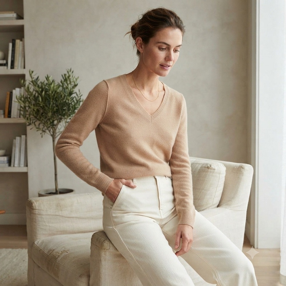 Cuyana Womens Sweater XS Tan V-Neck Wool Cashmere Blend Made in Italy Minimalist